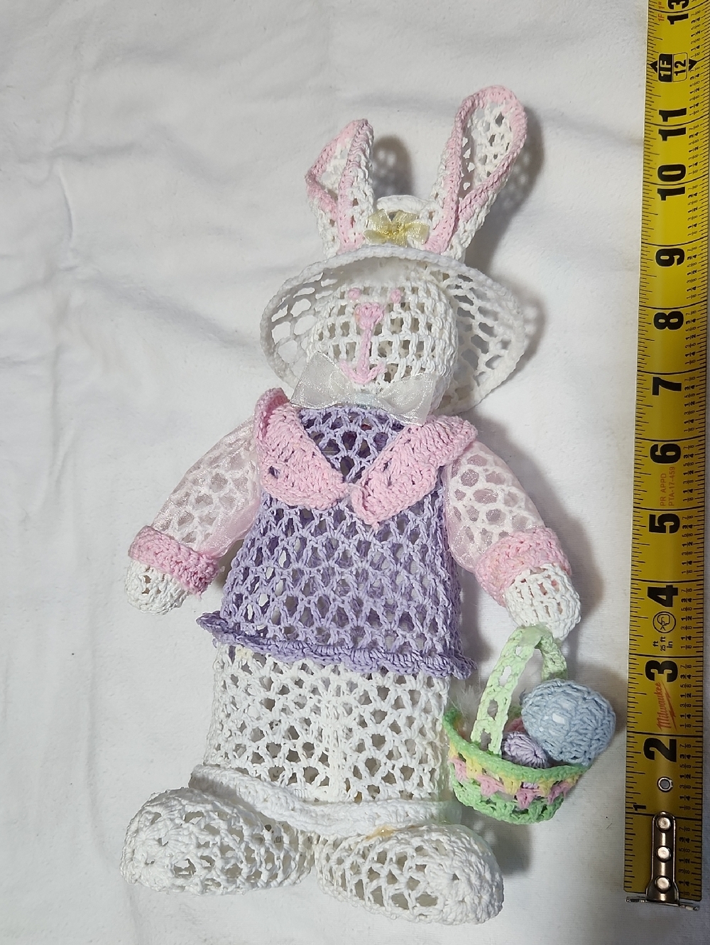 Handmade Crochet Easter Bunny Figurine in White, Pink & Lavender